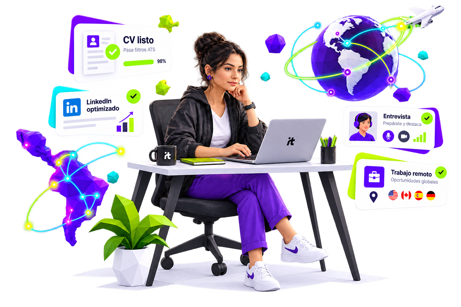 Profesional de LATAM trabajando en remoto con su CV listo, el perfil de LinkedIn optimizado y una entrevista con una empresa internacional